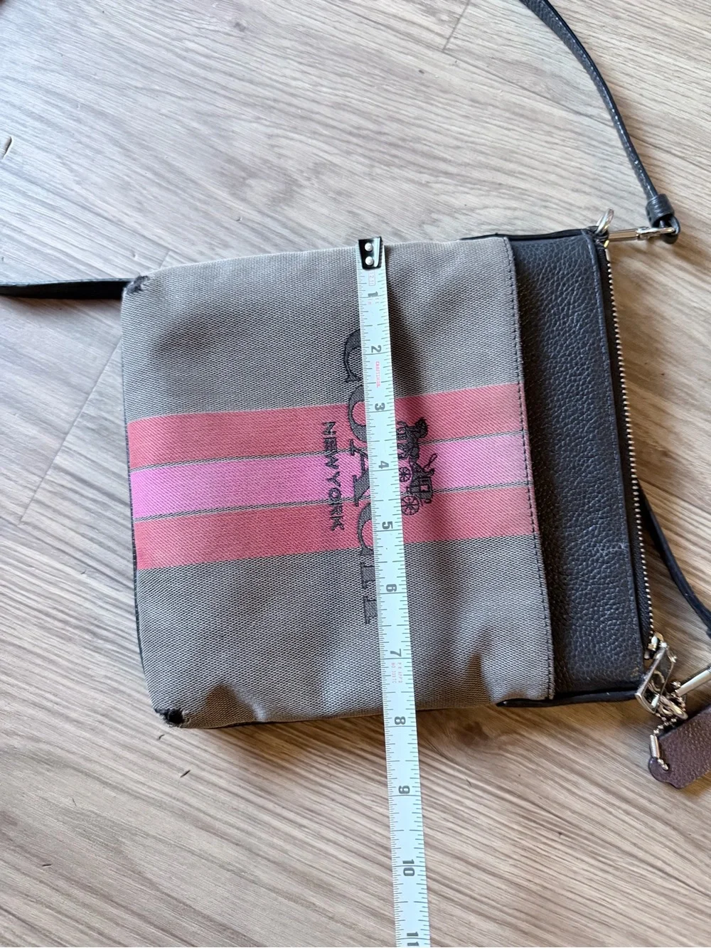 Coach New York Gray & Pink Stripe Canvas Crossbody Bag Authentic